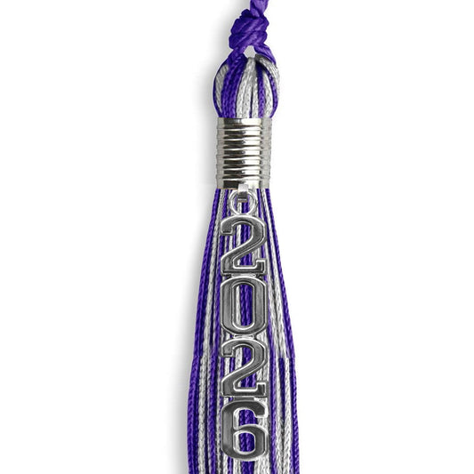 Purple/Silver Mixed Color Graduation Tassel with Stacked Silver Date Drop by Wholesale Grad Supply