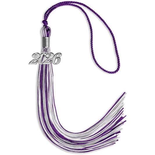 Purple/Silver/White Mixed Color Graduation Tassel with Silver Bling Charm by Wholesale Grad Supply