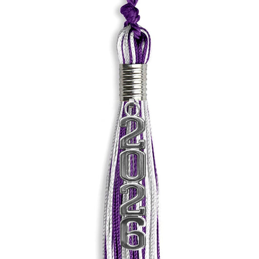 Purple/Silver/White Mixed Color Graduation Tassel with Silver Stacked Date Drop by Wholesale Grad Supply