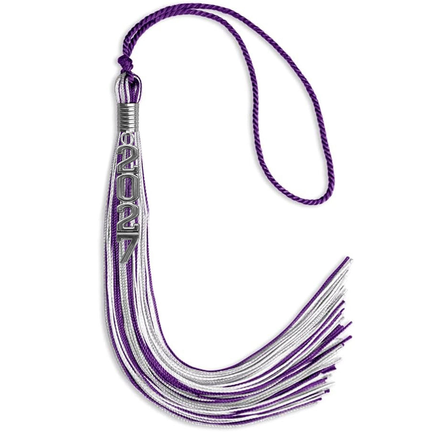Purple/Silver/White Mixed Color Graduation Tassel with Silver Stacked Date Drop by Wholesale Grad Supply