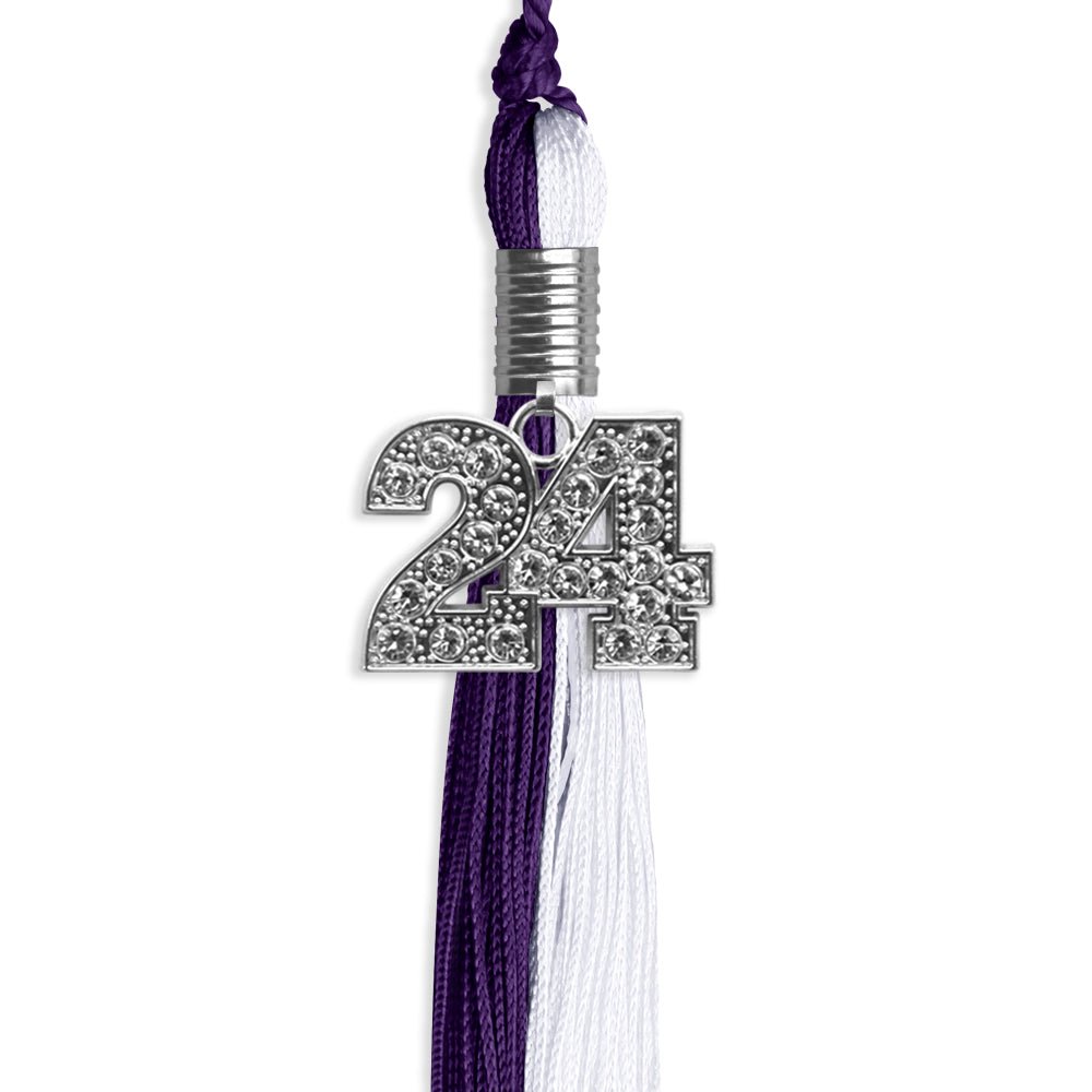 Purple/White Graduation Tassel with Silver Bling Charm by Wholesale Grad Supply
