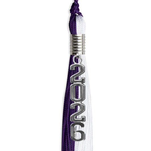 Purple/White Graduation Tassel with Silver Stacked Date Drop by Wholesale Grad Supply