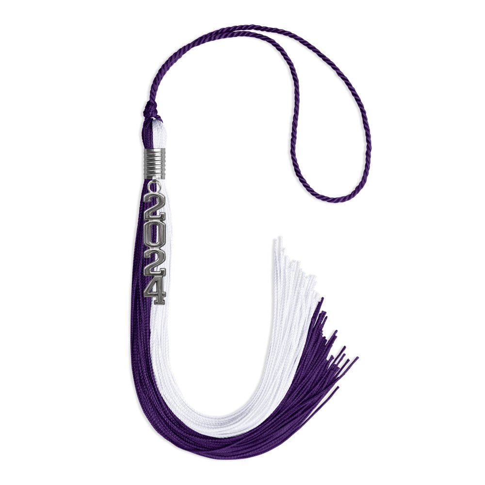 Purple/White Graduation Tassel with Silver Stacked Date Drop by Wholesale Grad Supply