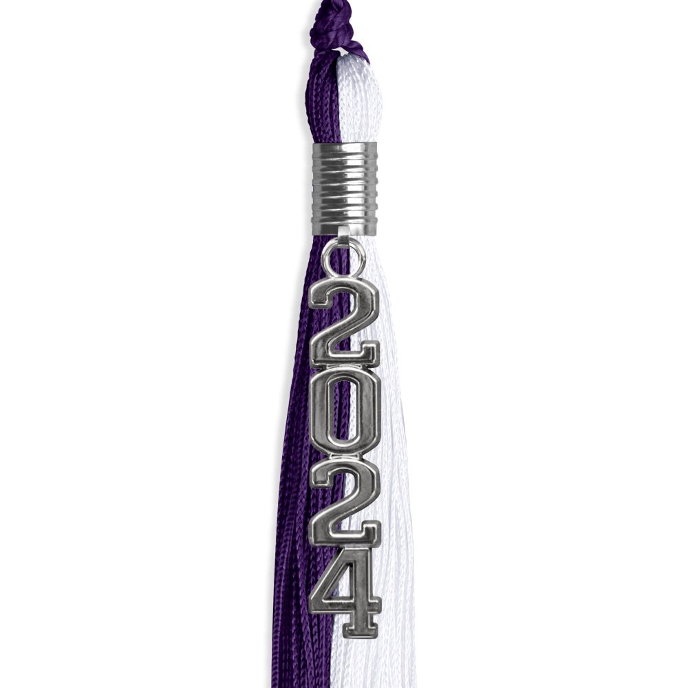 Purple/White Graduation Tassel with Silver Stacked Date Drop by Wholesale Grad Supply