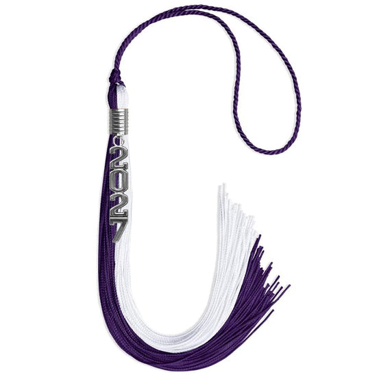 Purple/White Graduation Tassel with Silver Stacked Date Drop by Wholesale Grad Supply