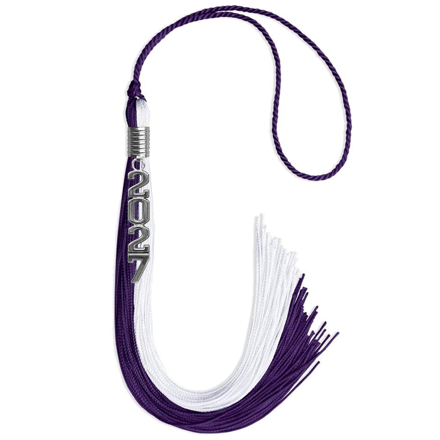 Purple/White Graduation Tassel with Silver Stacked Date Drop by Wholesale Grad Supply