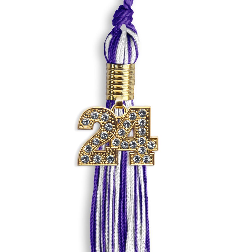 Purple/White Mixed Color Graduation Tassel with Gold Bling Charm by Wholesale Grad Supply