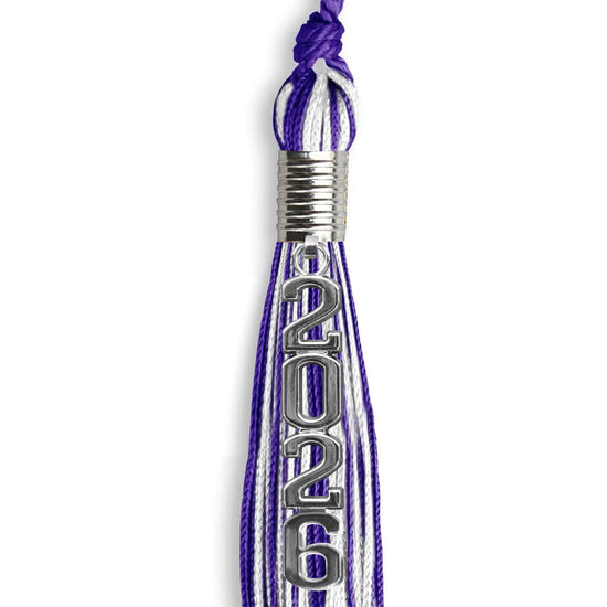 Purple/White Mixed Color Graduation Tassel with Stacked Silver Date Drop by Wholesale Grad Supply