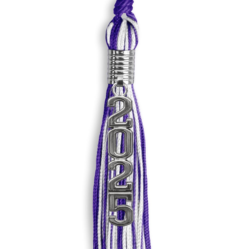 Purple/White Mixed Color Graduation Tassel with Stacked Silver Date Drop by Wholesale Grad Supply
