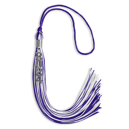 Purple/White Mixed Color Graduation Tassel with Stacked Silver Date Drop by Wholesale Grad Supply