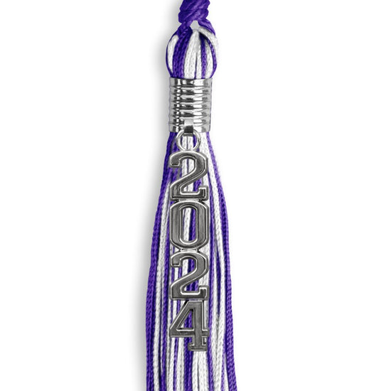 Purple/White Mixed Color Graduation Tassel with Stacked Silver Date Drop by Wholesale Grad Supply