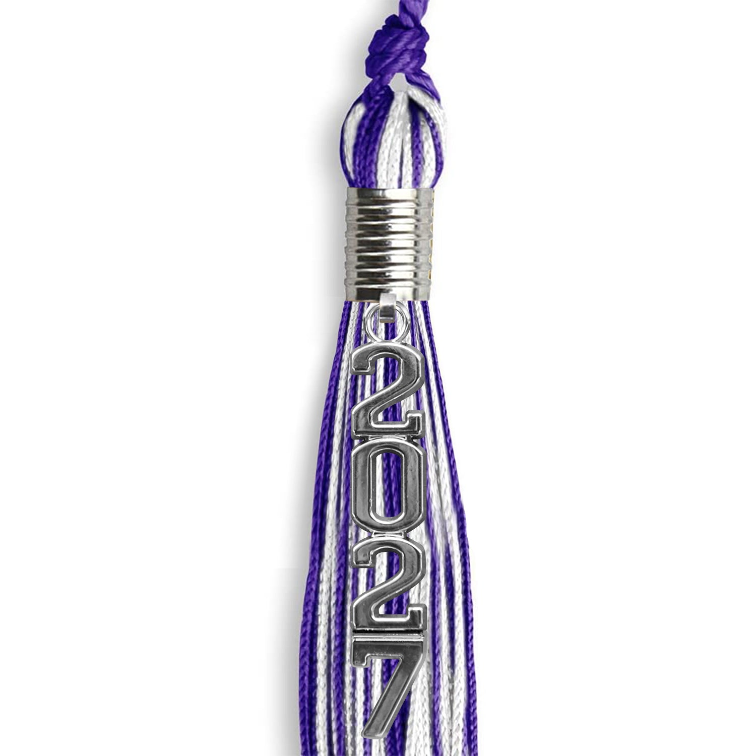 Purple/White Mixed Color Graduation Tassel with Stacked Silver Date Drop by Wholesale Grad Supply