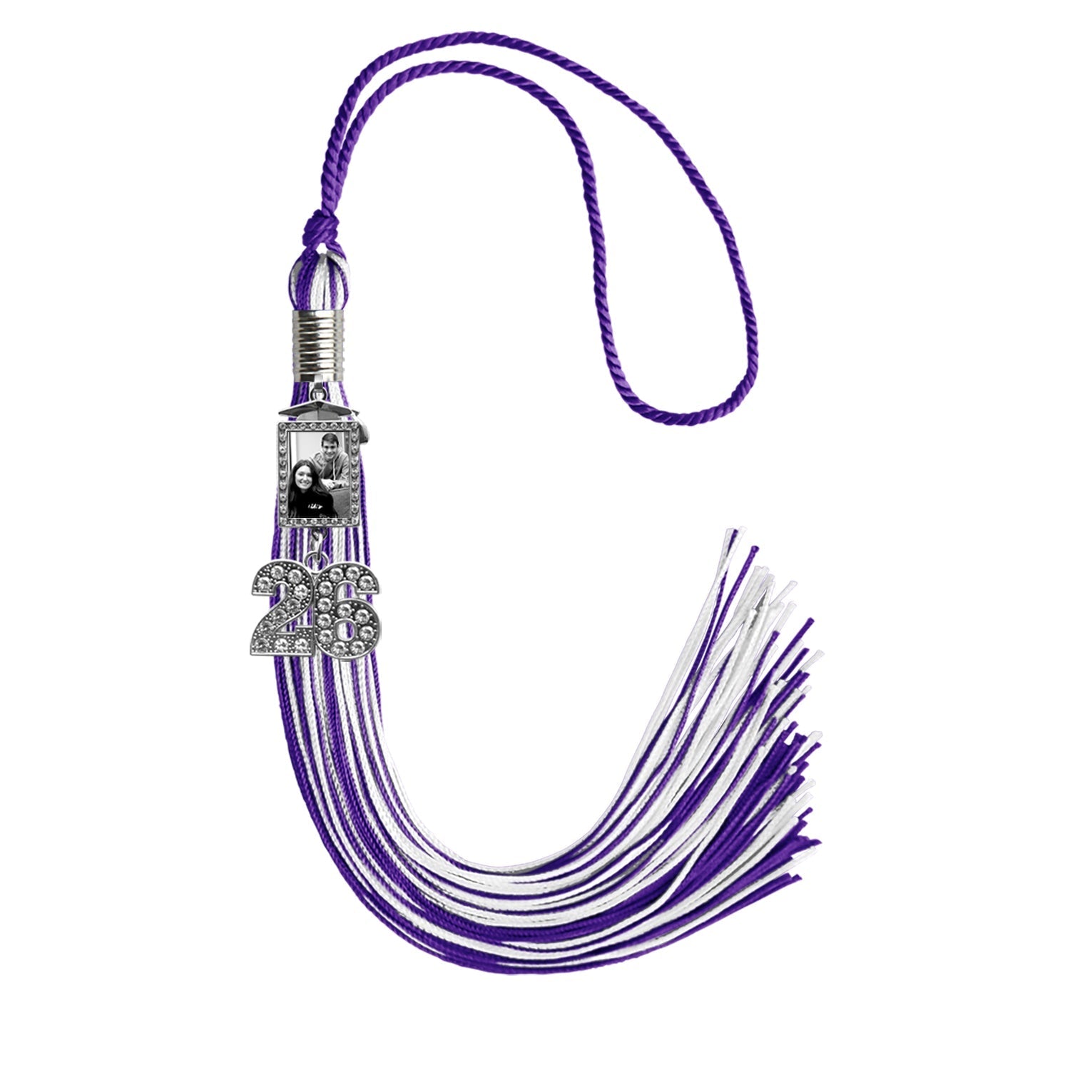 Purple/White Tassel with Photo Frame Charm and Bling Charm by Wholesale Grad Supply