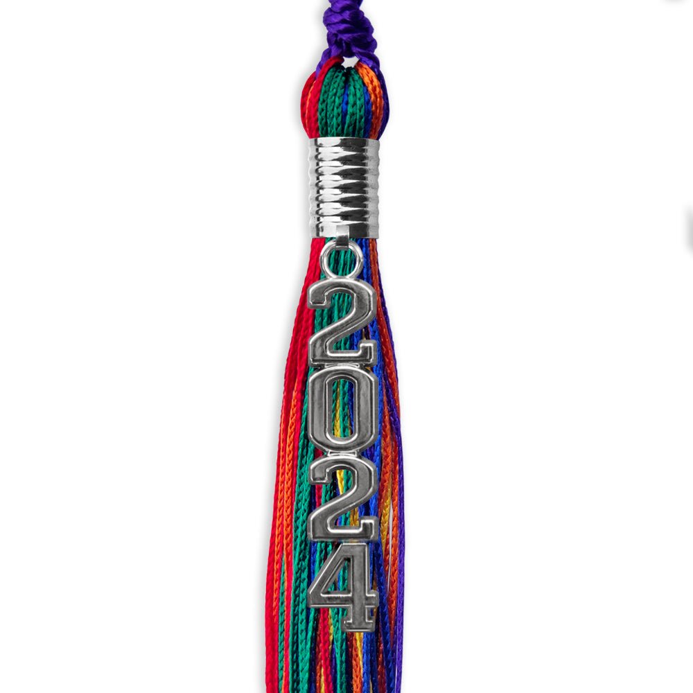 Rainbow Graduation Tassel with Silver Stacked Date Drop by Wholesale Grad Supply