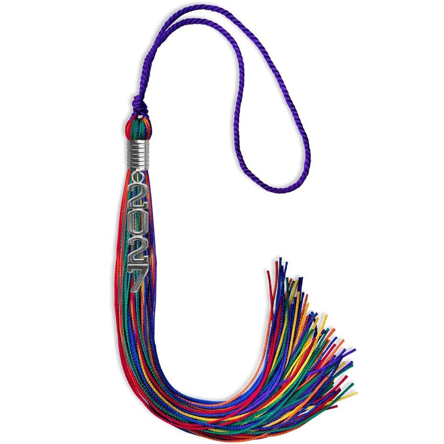Rainbow Graduation Tassel with Silver Stacked Date Drop by Wholesale Grad Supply