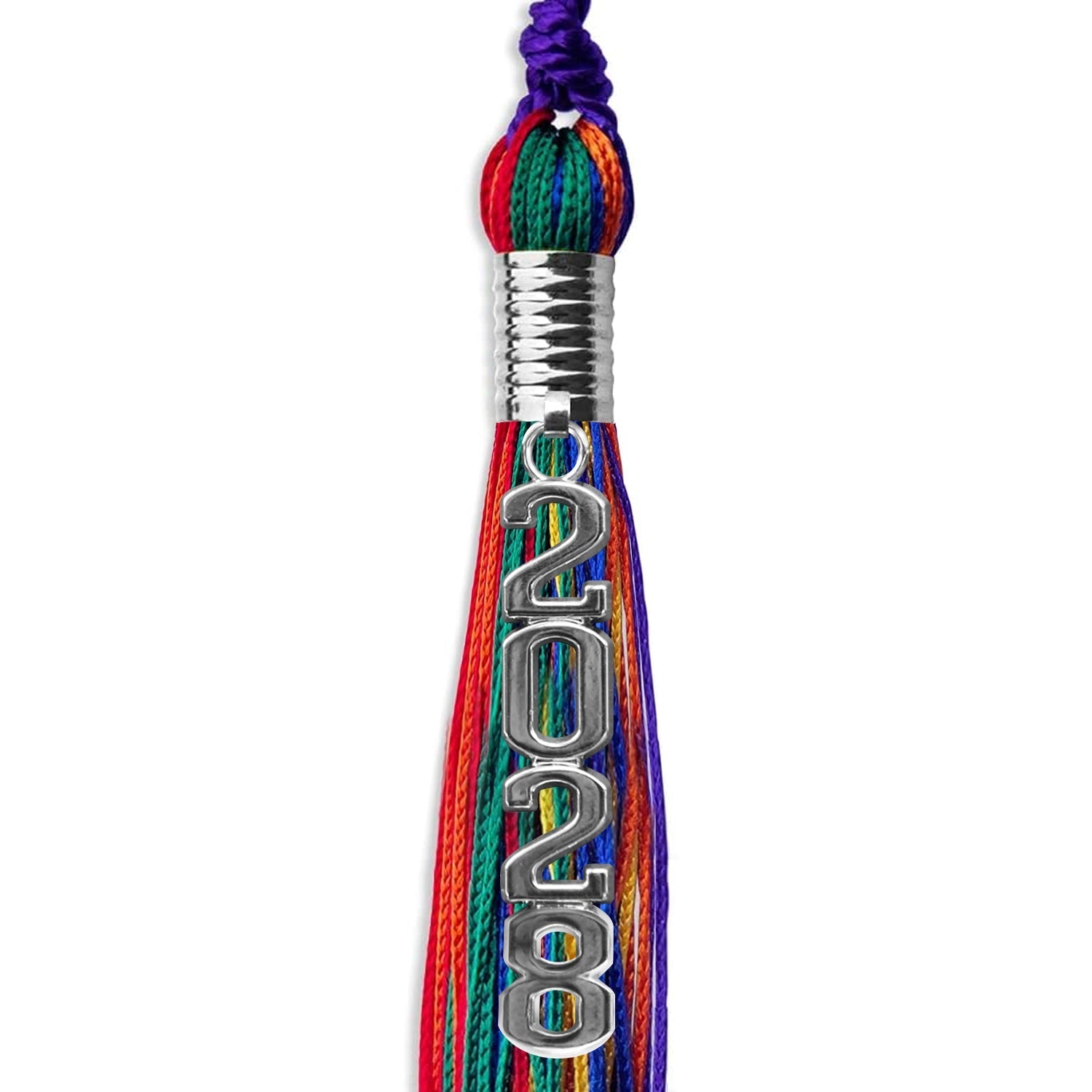 Rainbow Graduation Tassel with Silver Stacked Date Drop by Wholesale Grad Supply