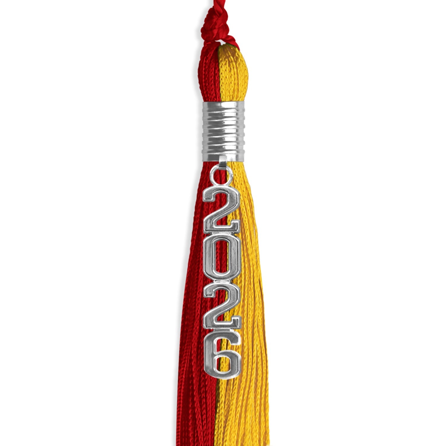 Red/Gold Graduation Tassel with Silver Stacked Date Drop by Wholesale Grad Supply