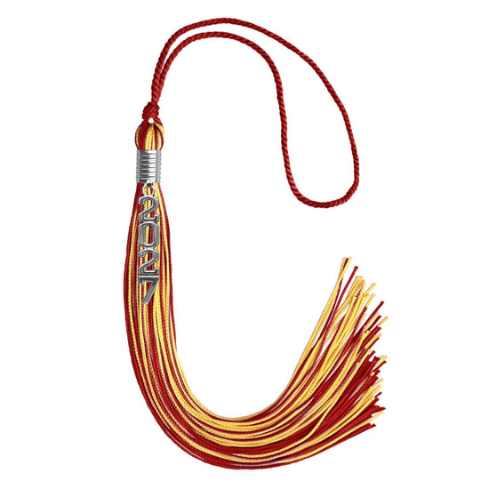 Red/Gold Mixed Color Graduation Tassel with Stacked Silver Date Drop by Wholesale Grad Supply