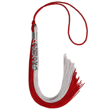 Red/Grey Graduation Tassel with Silver Stacked Date Drop by Wholesale Grad Supply