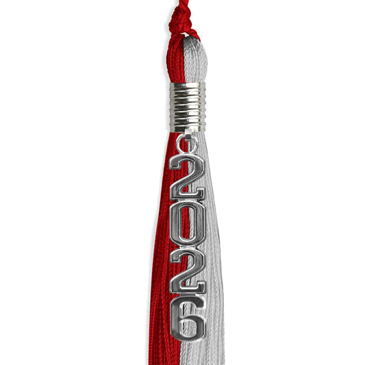 Red/Grey Graduation Tassel with Silver Stacked Date Drop by Wholesale Grad Supply