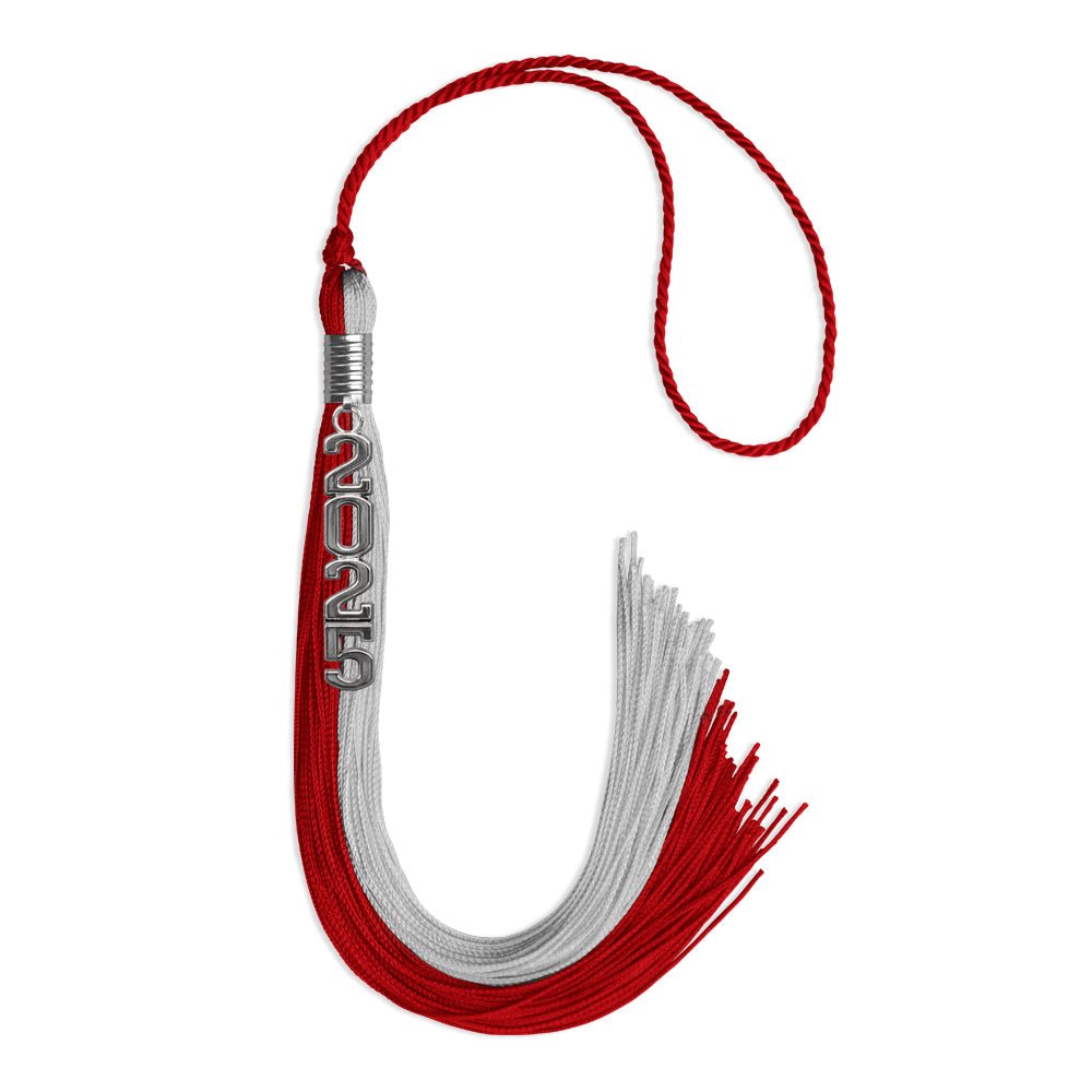 Red/Grey Graduation Tassel with Silver Stacked Date Drop by Wholesale Grad Supply