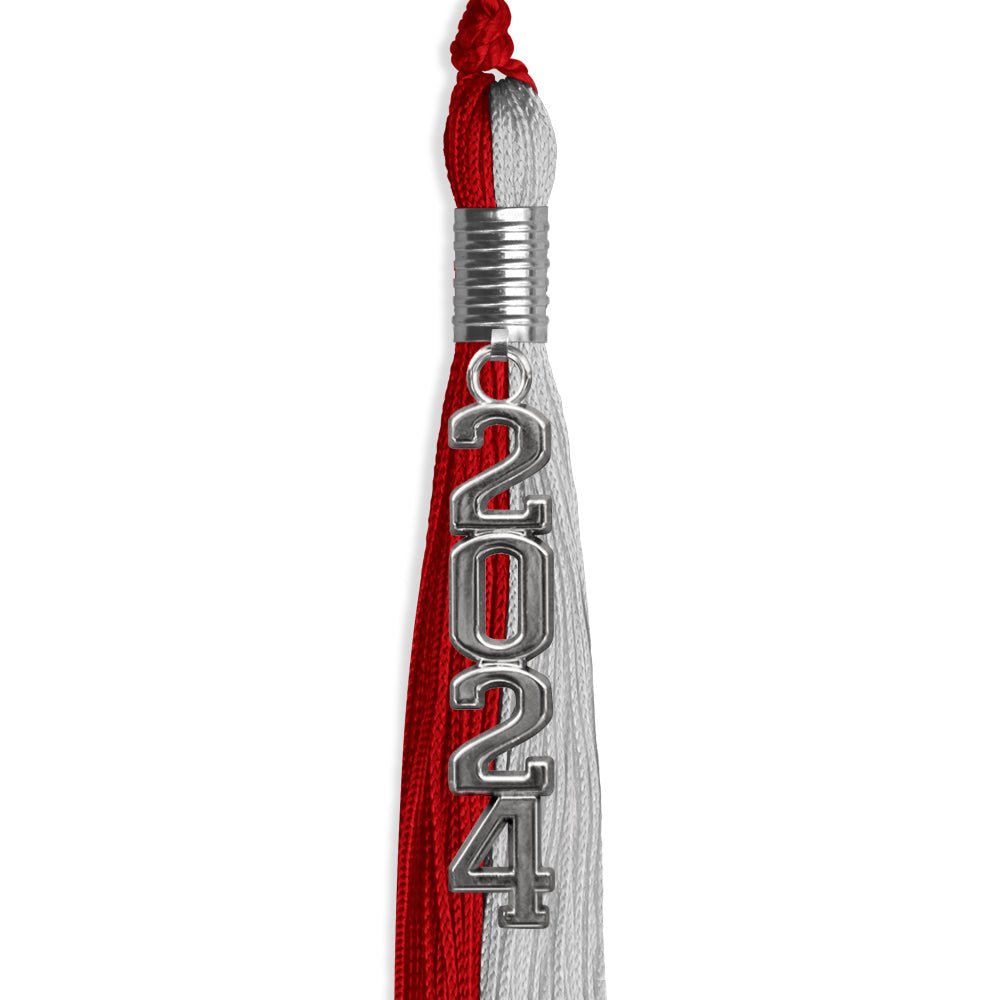 Red/Grey Graduation Tassel with Silver Stacked Date Drop by Wholesale Grad Supply