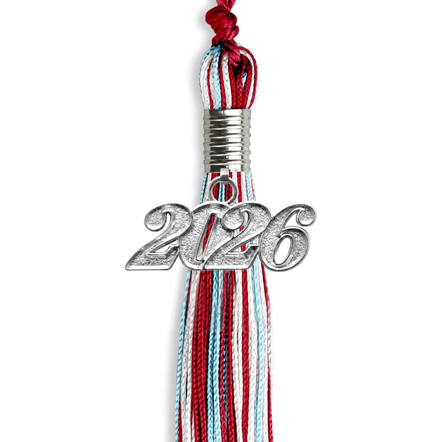 Red/Light Blue/White Mixed Color Graduation Tassel with Silver Bling Charm by Wholesale Grad Supply