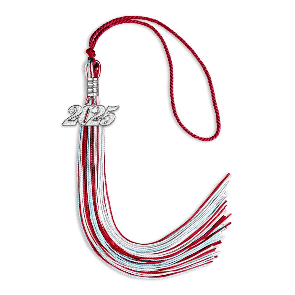 Red/Light Blue/White Mixed Color Graduation Tassel with Silver Bling Charm by Wholesale Grad Supply