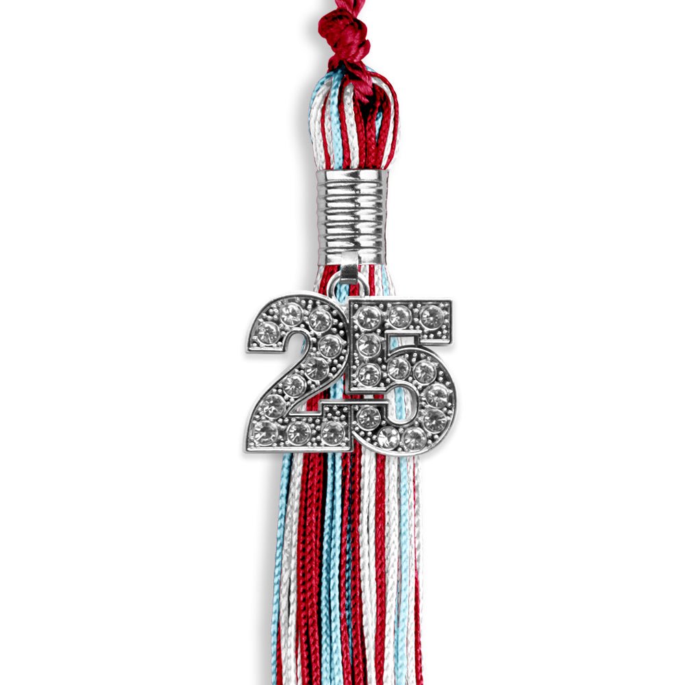 Red/Light Blue/White Mixed Color Graduation Tassel with Silver Bling Charm by Wholesale Grad Supply