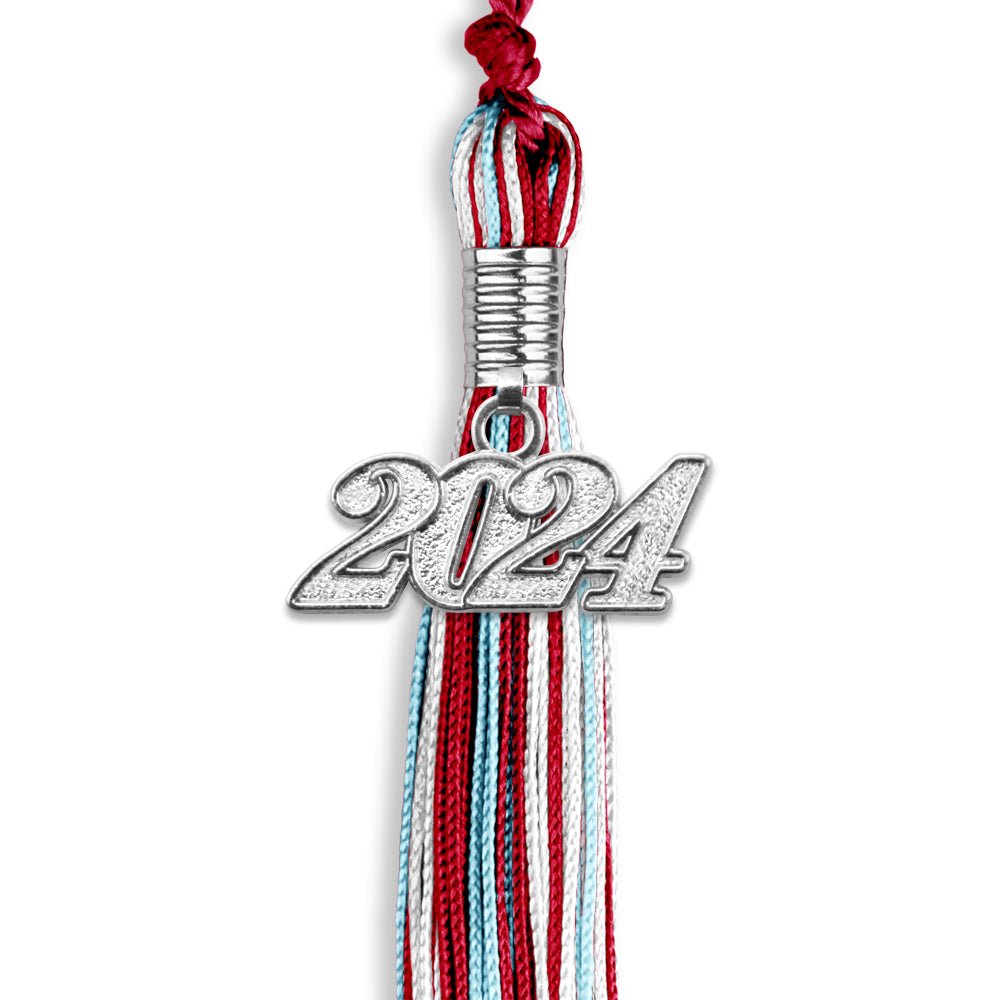 Red/Light Blue/White Mixed Color Graduation Tassel with Silver Bling Charm by Wholesale Grad Supply