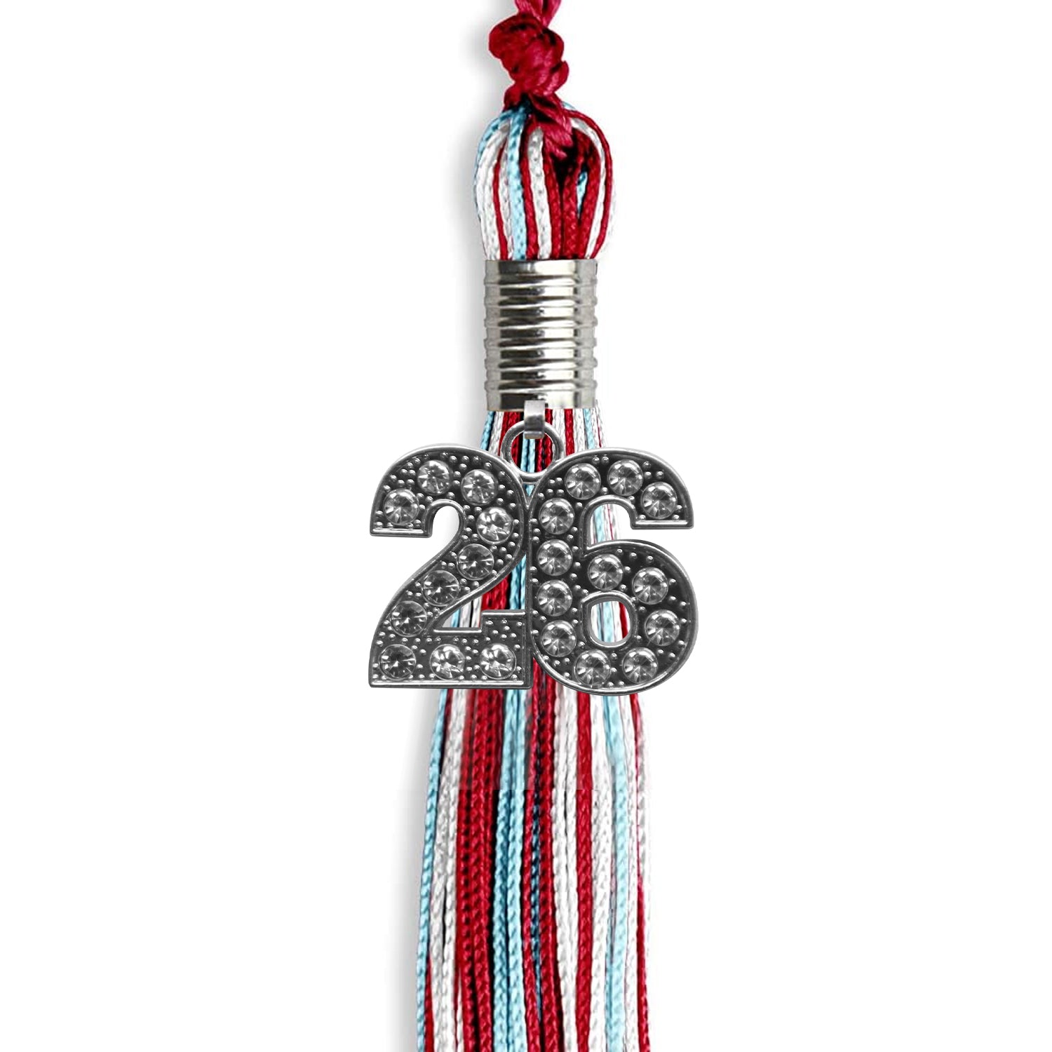 Red/Light Blue/White Mixed Color Graduation Tassel with Silver Bling Charm by Wholesale Grad Supply
