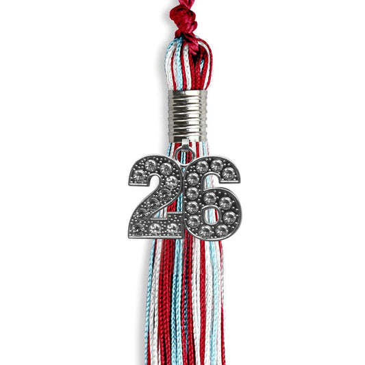 Red/Light Blue/White Mixed Color Graduation Tassel with Silver Bling Charm by Wholesale Grad Supply