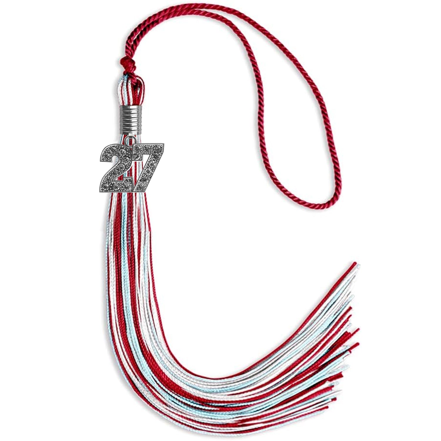 Red/Light Blue/White Mixed Color Graduation Tassel with Silver Bling Charm by Wholesale Grad Supply