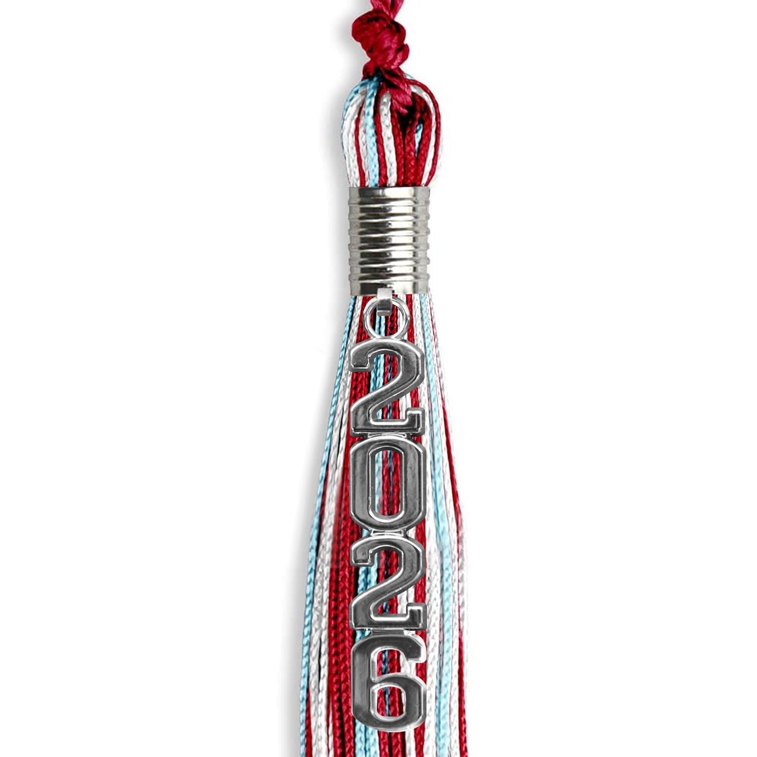 Red/Light Blue/White Mixed Color Graduation Tassel with Silver Stacked Date Drop by Wholesale Grad Supply