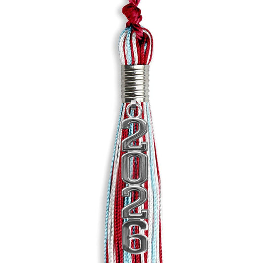 Red/Light Blue/White Mixed Color Graduation Tassel with Silver Stacked Date Drop by Wholesale Grad Supply