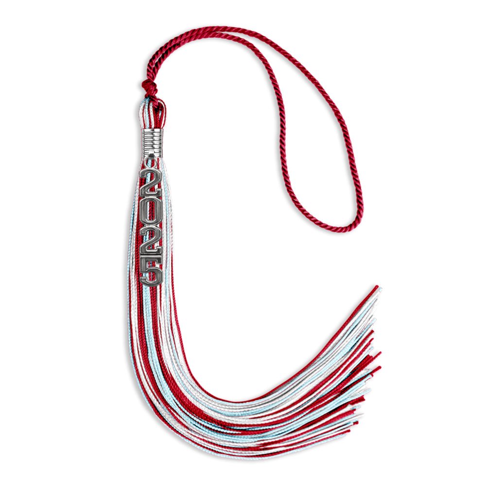 Red/Light Blue/White Mixed Color Graduation Tassel with Silver Stacked Date Drop by Wholesale Grad Supply