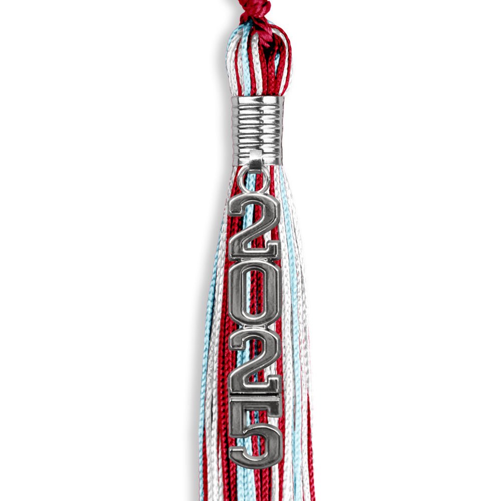 Red/Light Blue/White Mixed Color Graduation Tassel with Silver Stacked Date Drop by Wholesale Grad Supply