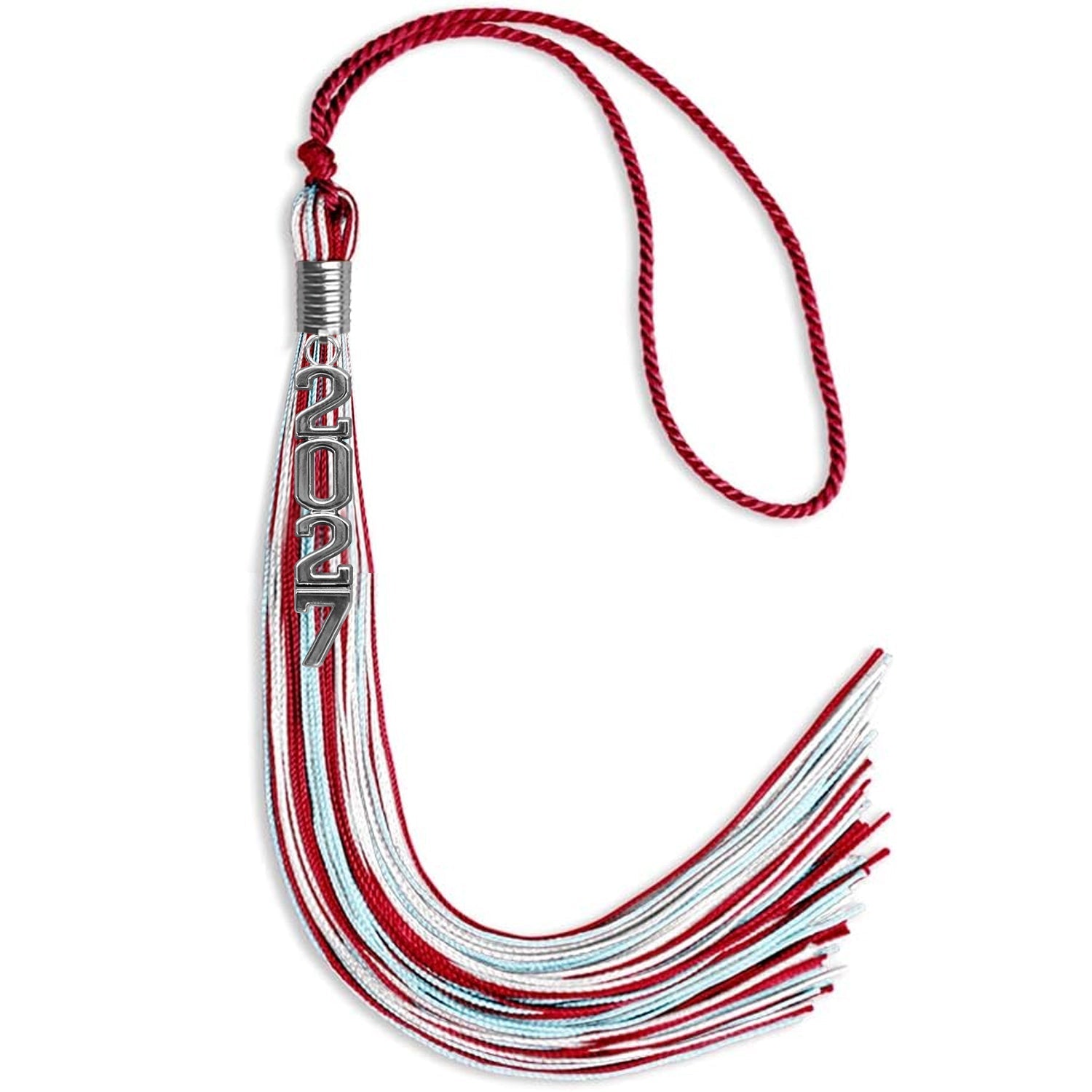 Red/Light Blue/White Mixed Color Graduation Tassel with Silver Stacked Date Drop by Wholesale Grad Supply