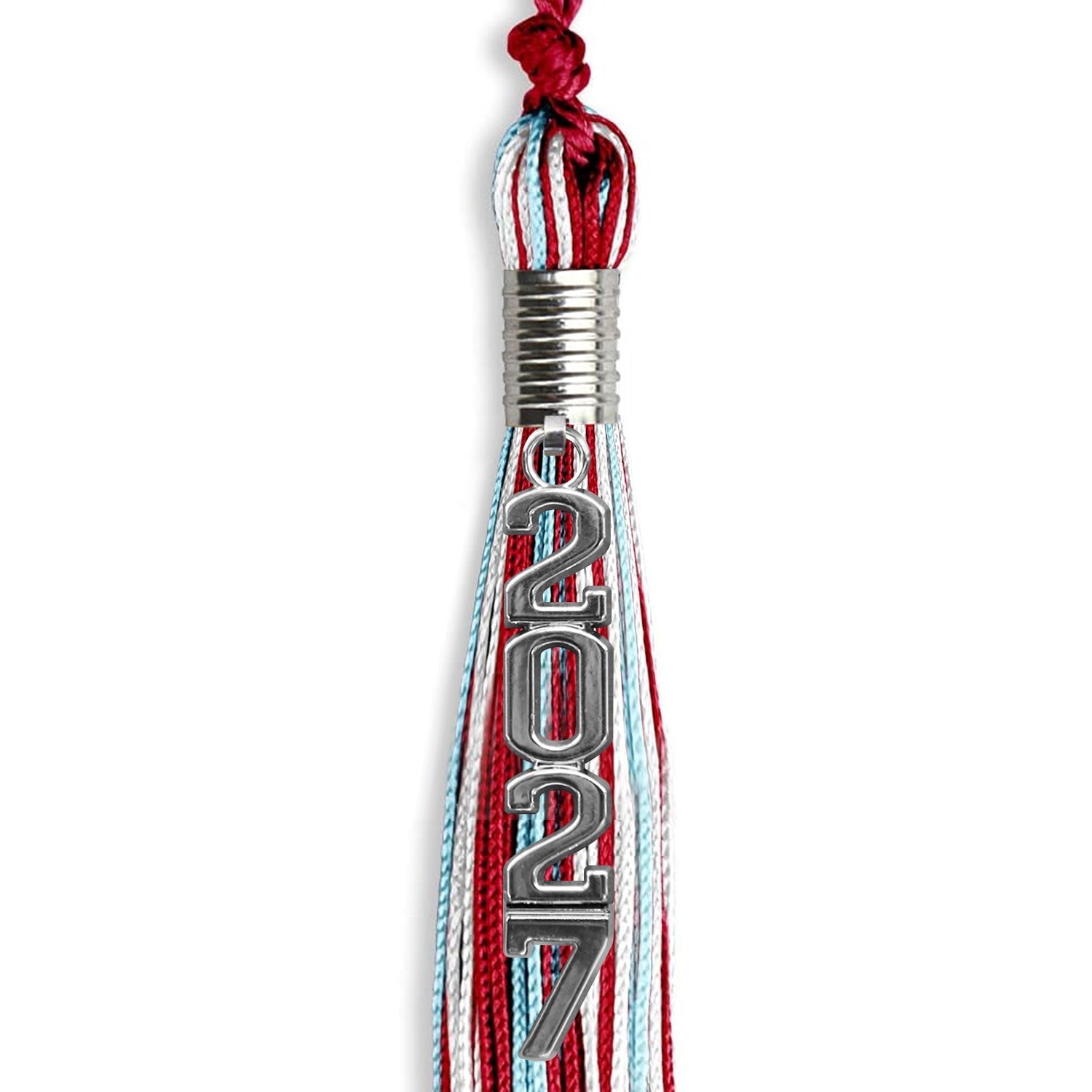 Red/Light Blue/White Mixed Color Graduation Tassel with Silver Stacked Date Drop by Wholesale Grad Supply
