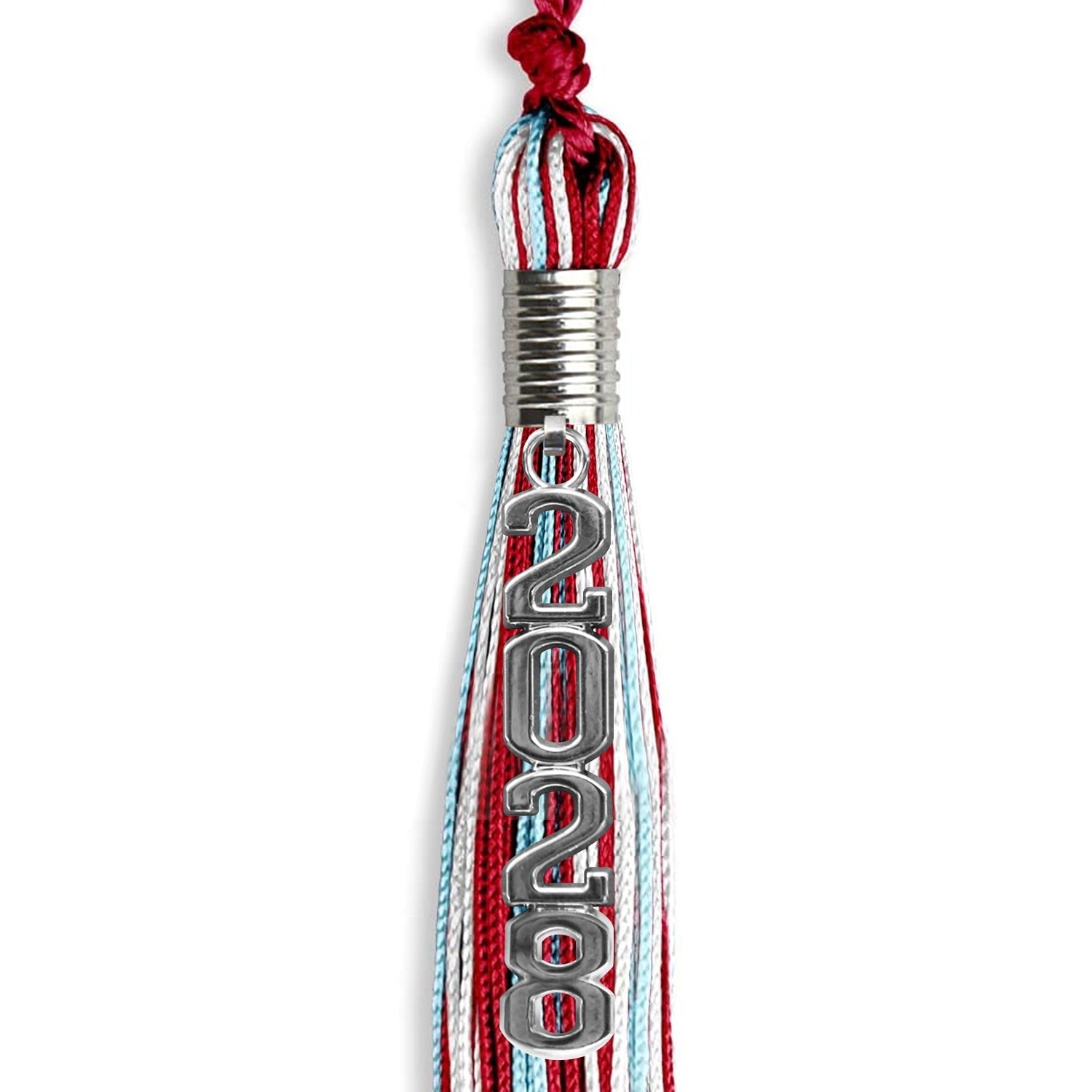 Red/Light Blue/White Mixed Color Graduation Tassel with Silver Stacked Date Drop by Wholesale Grad Supply