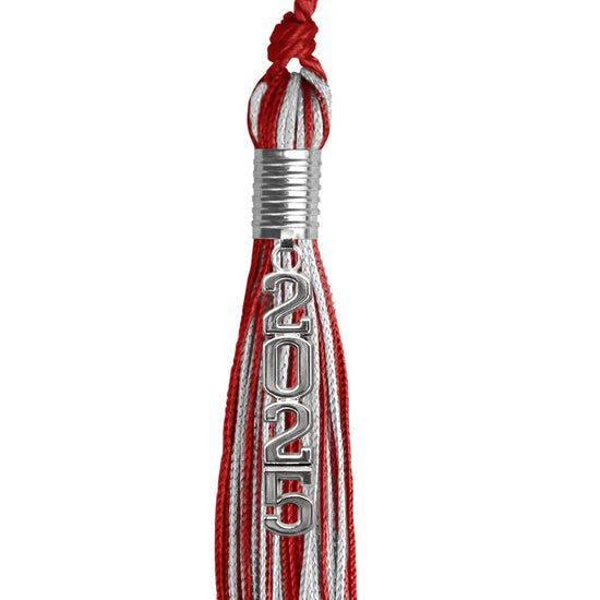 Red/SIlver Mixed Color Graduation Tassel with Stacked Silver Date Drop by Wholesale Grad Supply