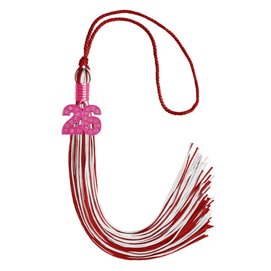 Red/White Mixed Color Graduation Tassel with Pink Bling Charm by Wholesale Grad Supply
