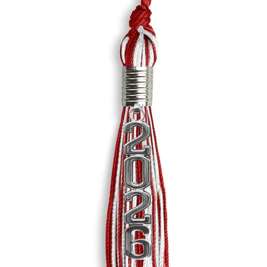 Red/White Mixed Color Graduation Tassel with Stacked Silver Date Drop by Wholesale Grad Supply