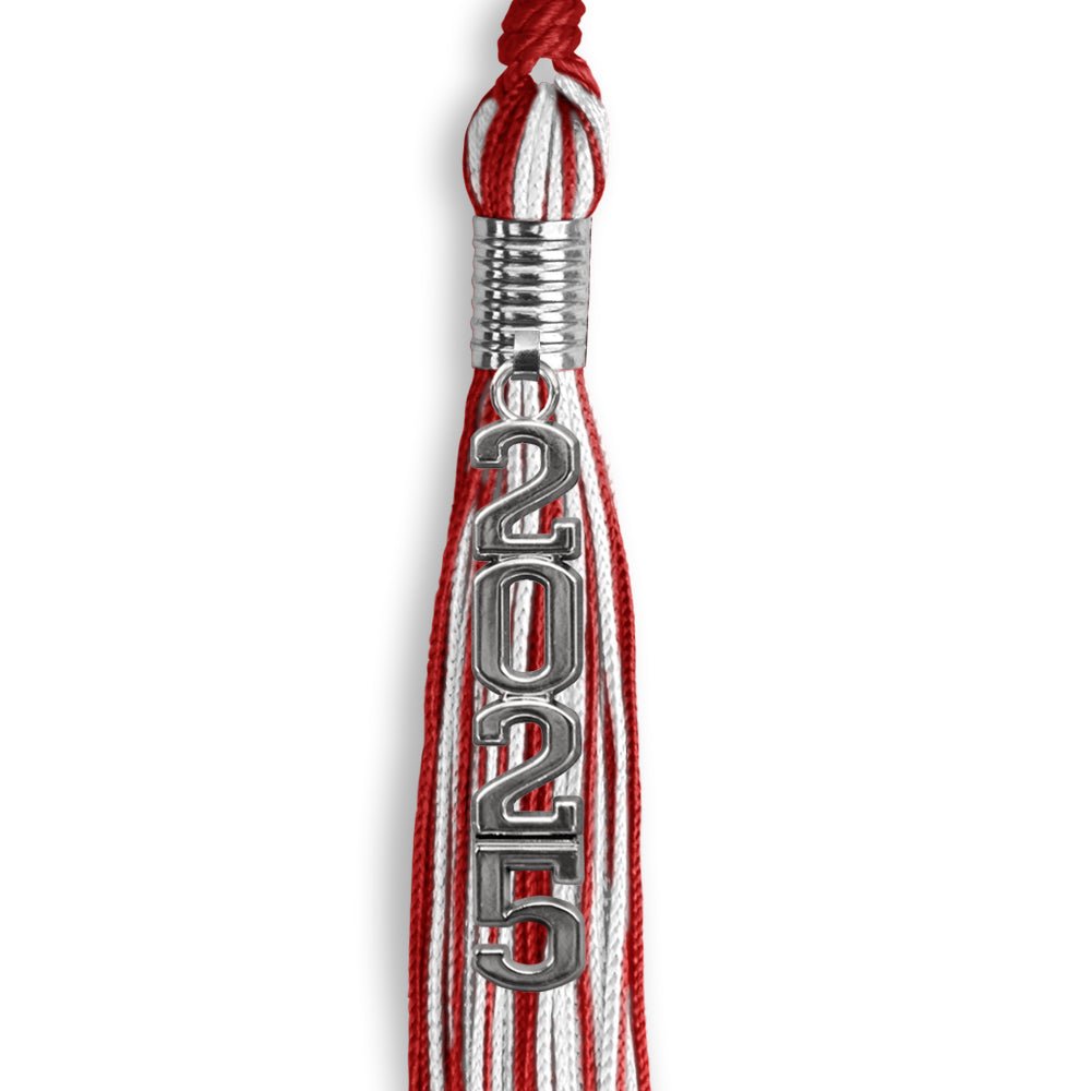 Red/White Mixed Color Graduation Tassel with Stacked Silver Date Drop by Wholesale Grad Supply