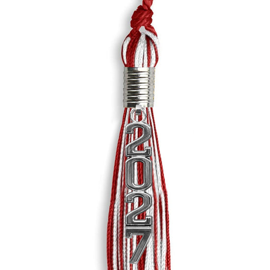 Red/White Mixed Color Graduation Tassel with Stacked Silver Date Drop by Wholesale Grad Supply