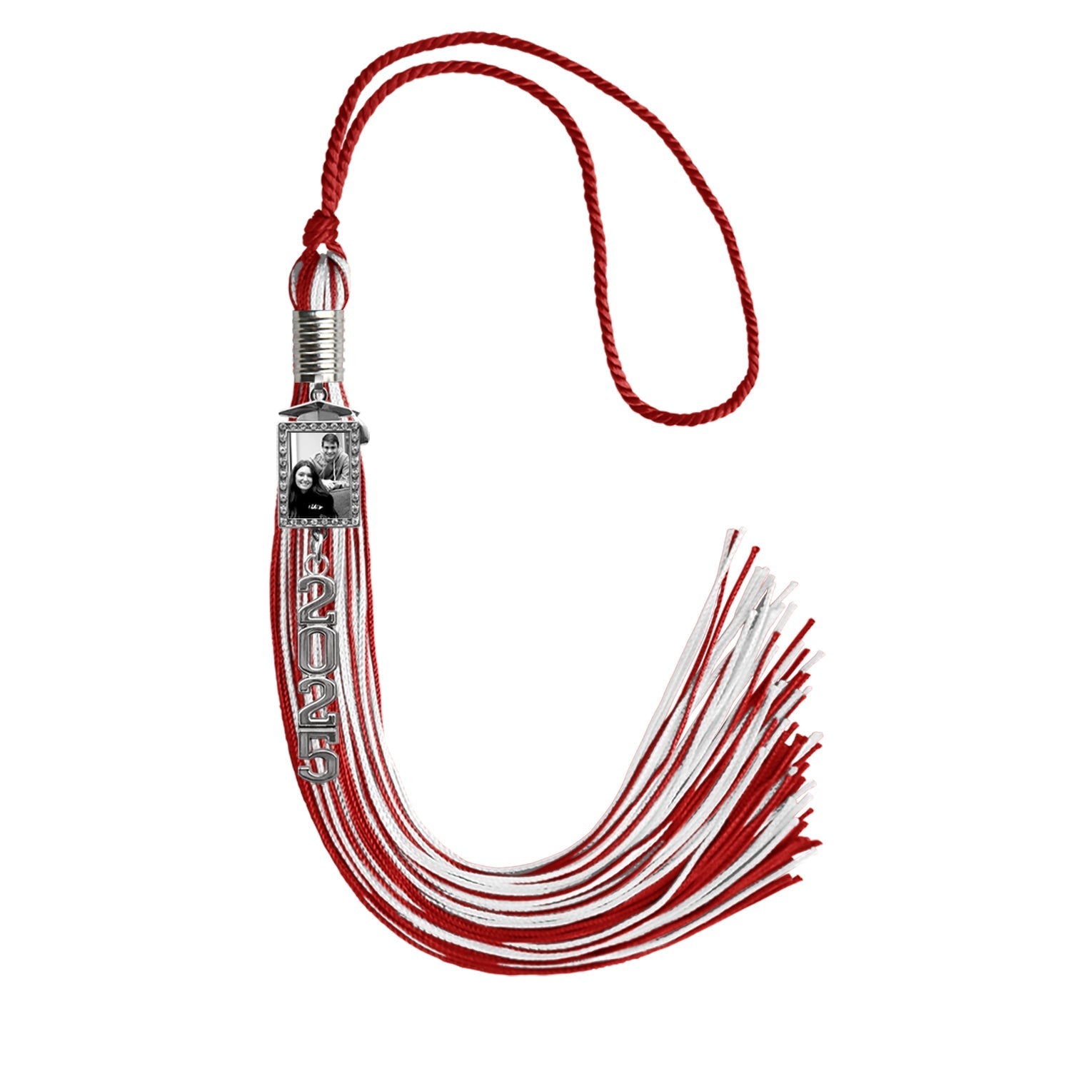 Red/White Tassel with Photo Frame Charm and Stacked Date Drop by Wholesale Grad Supply