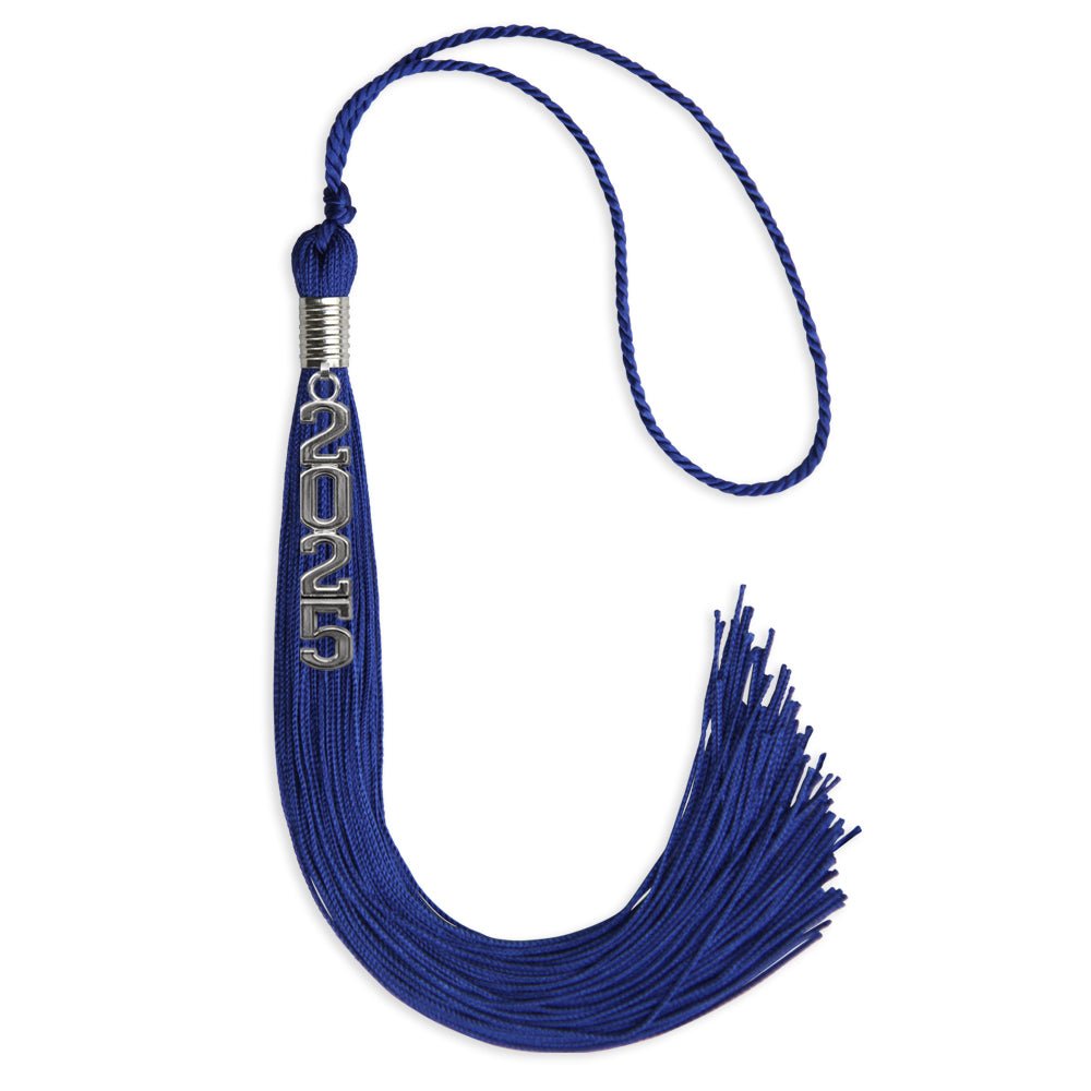 Royal Blue Graduation Tassel with Silver Stacked Date Drop by Wholesale Grad Supply