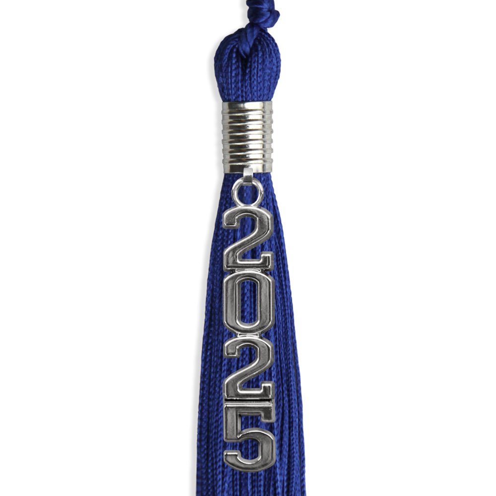 Royal Blue Graduation Tassel with Silver Stacked Date Drop by Wholesale Grad Supply