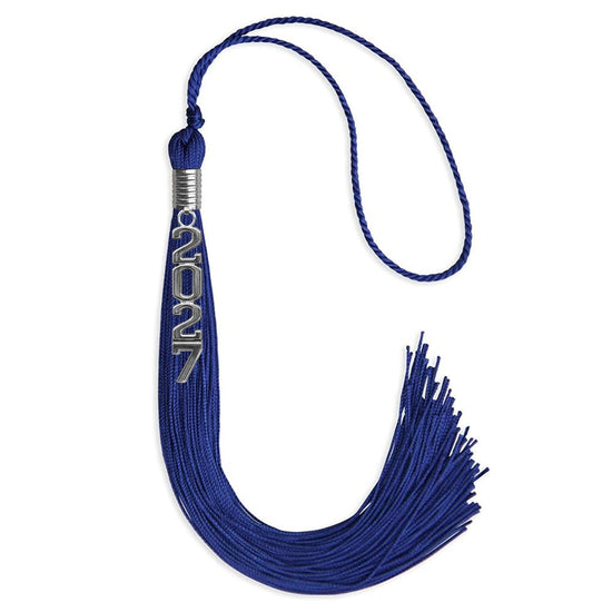 Royal Blue Graduation Tassel with Silver Stacked Date Drop by Wholesale Grad Supply