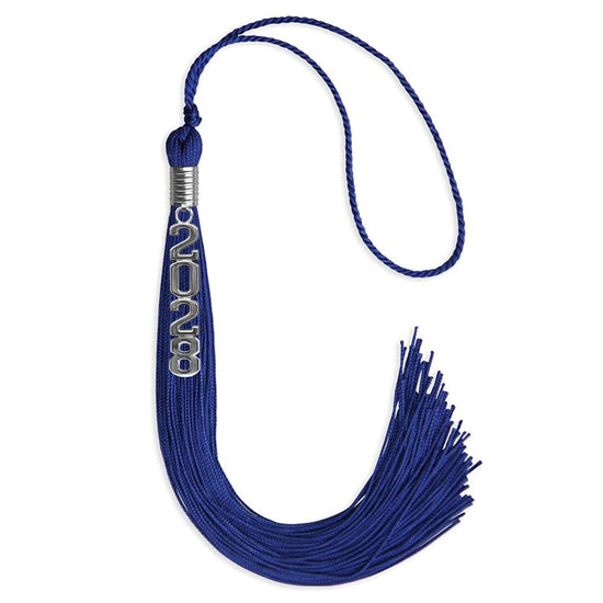 Royal Blue Graduation Tassel with Silver Stacked Date Drop by Wholesale Grad Supply